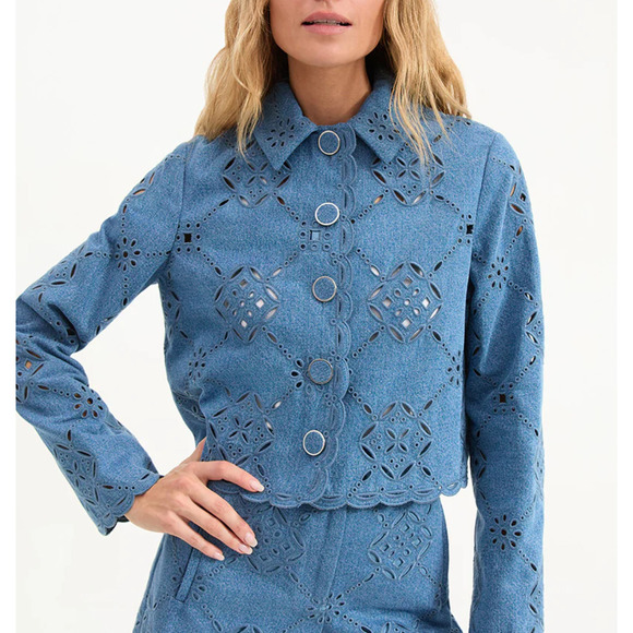 Veronica Beard Adelaide Eyelet Jacket Sea Glare Blue US 10